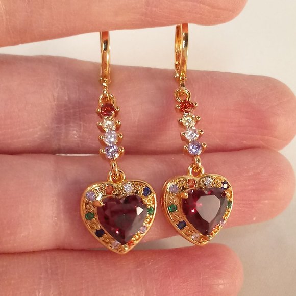 18K Yellow Gold Filled Luxury Garnet Red Heart Diamond Zircon Dangle Earrings - Picture 3 of 8